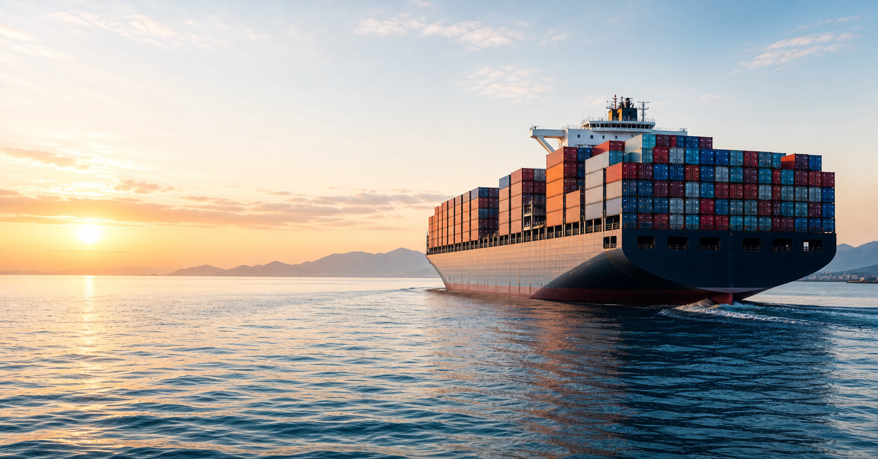 Container ship sailing across calm ocean water