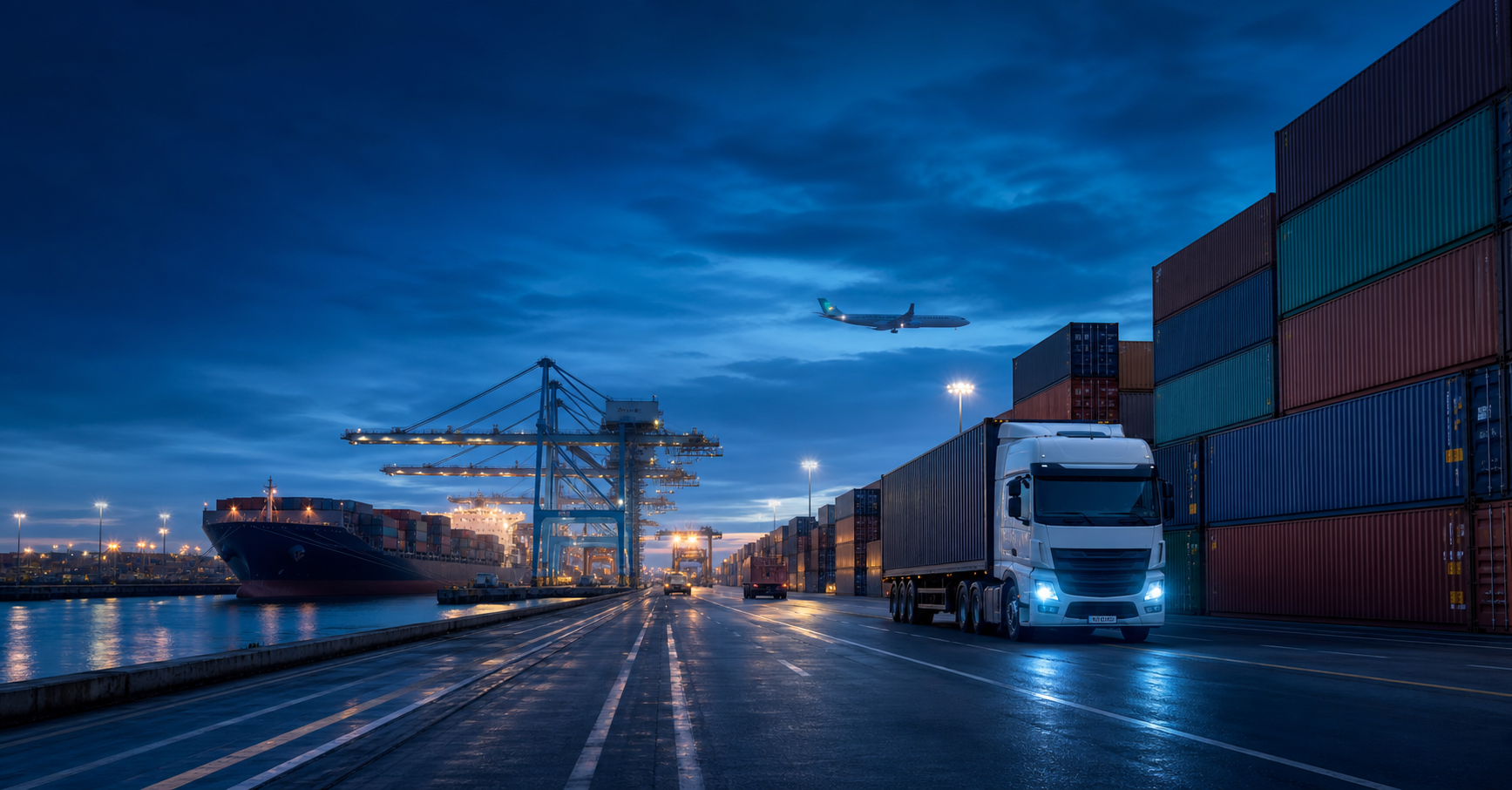 Logistics terminal with containers and truck